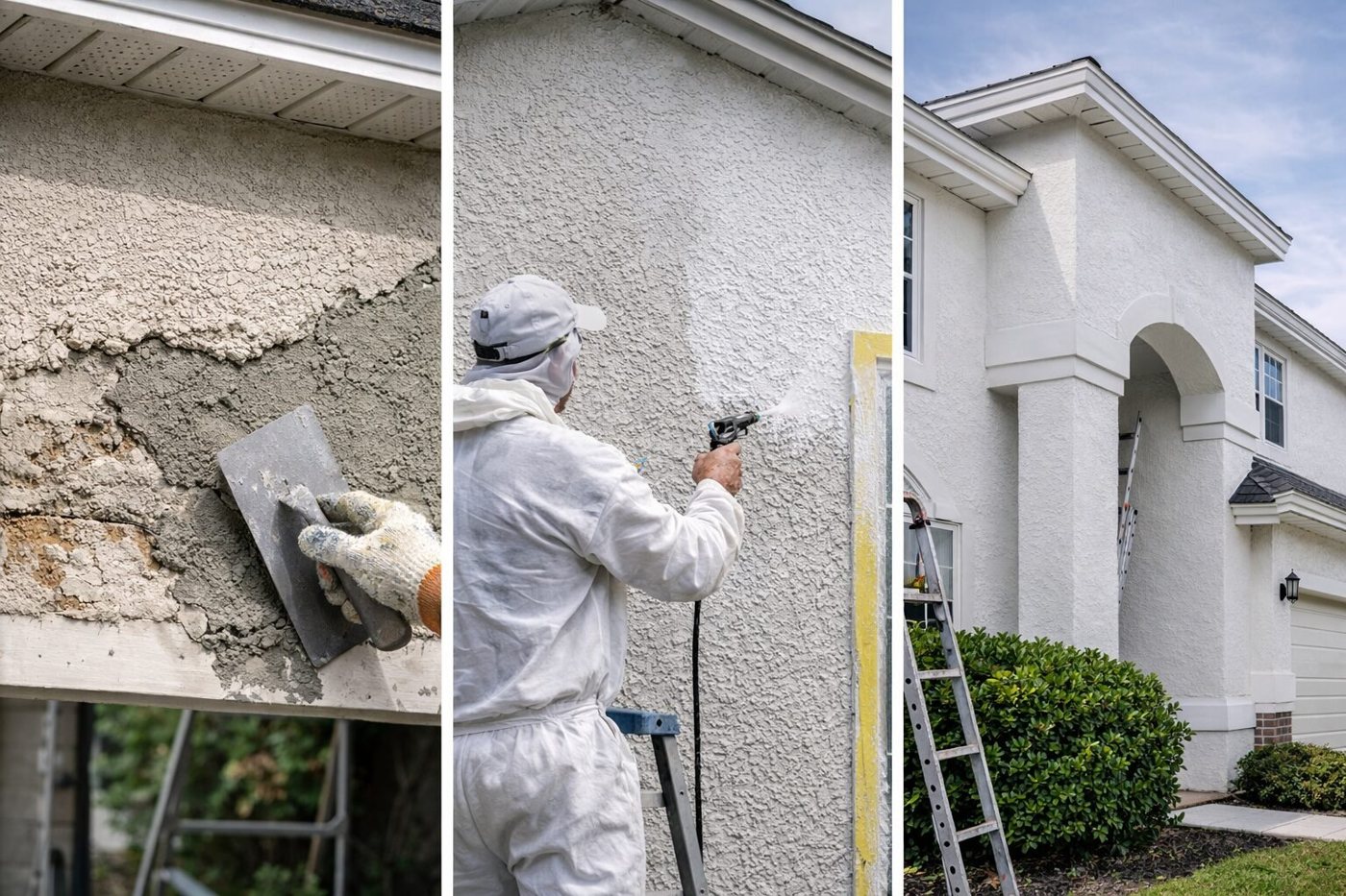 Three steps on a home exterior: damaged stucco being repaired, a worker spraying the wall, and the finished white house
